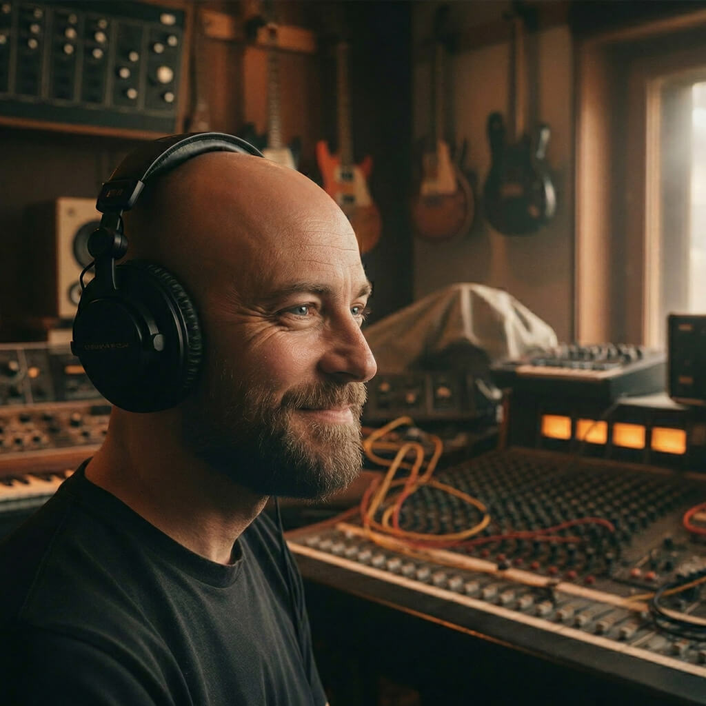 Portrait of Andres Krause, the creator and AI producer behind the Keysha Love project, working in a music studio.