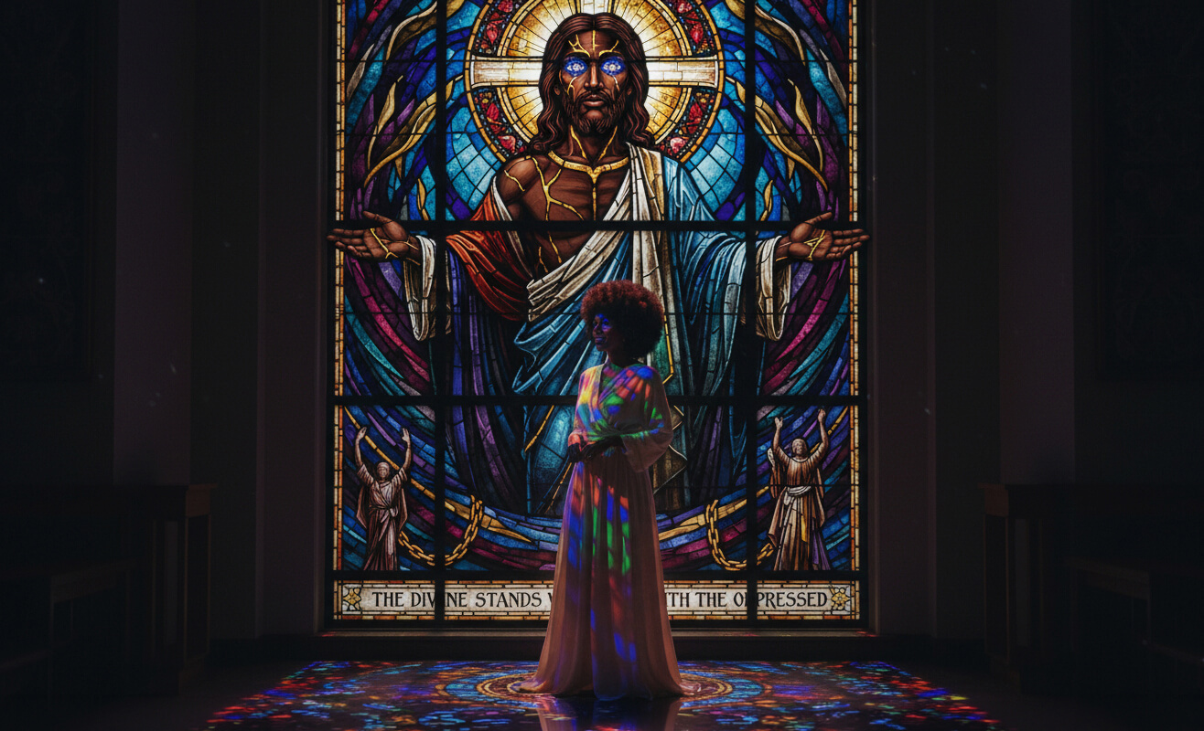 Keysha Love standing gracefully before a colorful stained glass church window