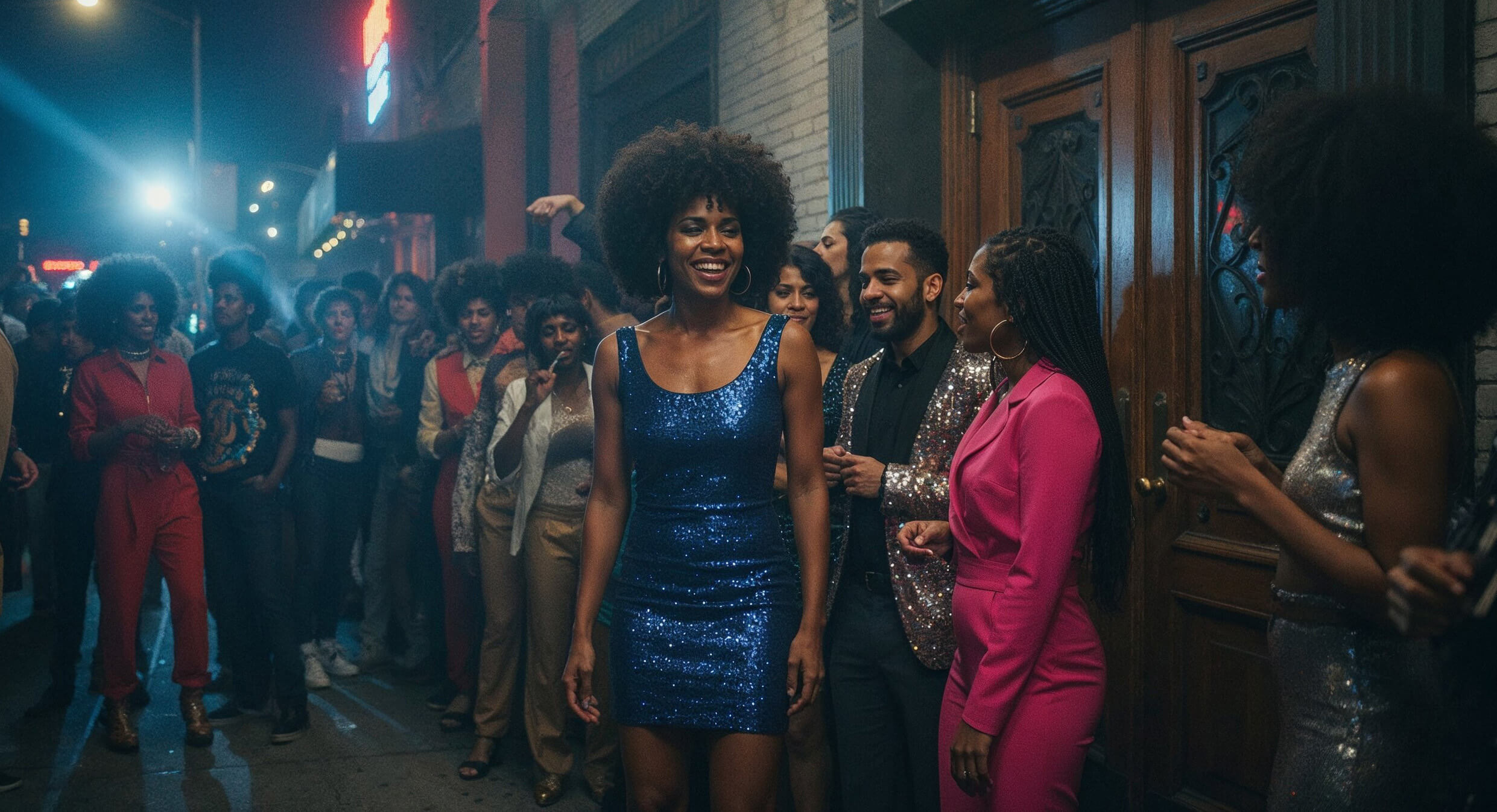 Cinematic shot of Keysha Love in a sparkling blue dress laughing with a crowd on a vibrant street at night, capturing modern soul energy.