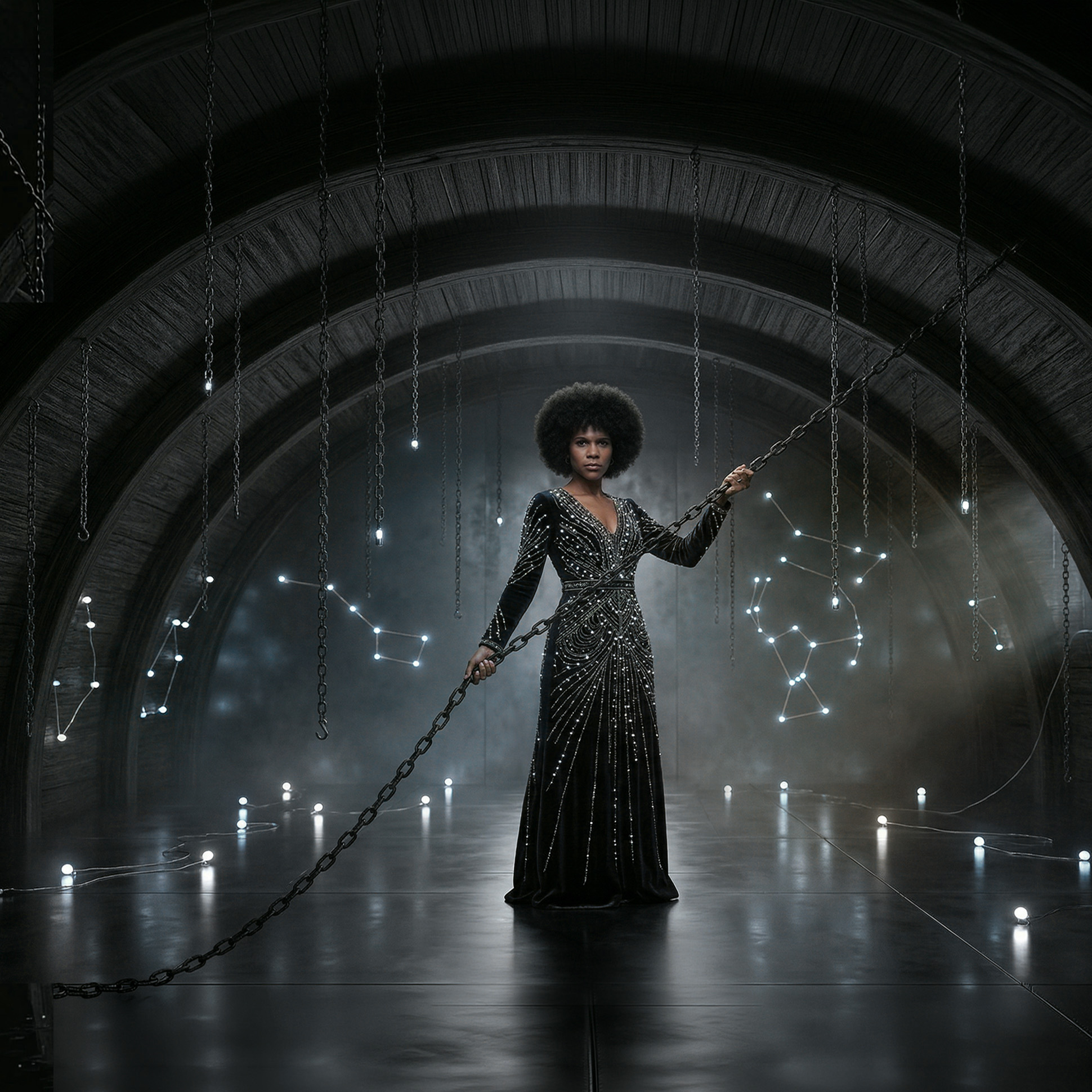 Cinematic shot of Keysha Love holding a chain in a dark, atmospheric space with glowing constellation lights, symbolizing transformation.