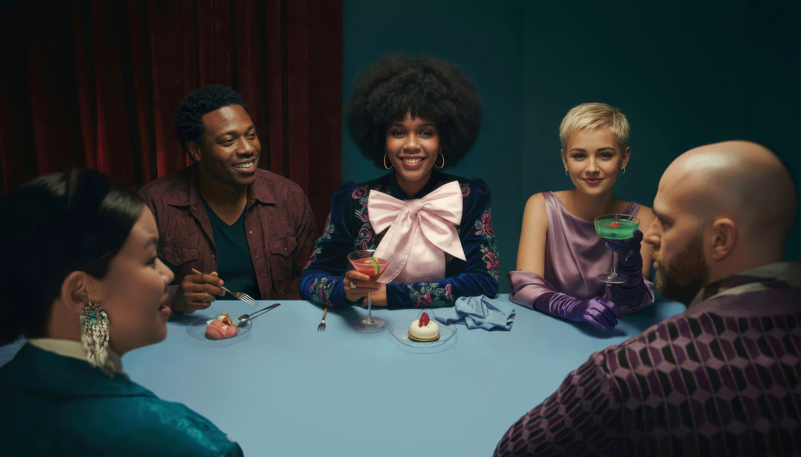 Cinematic portrait of soul artist Keysha Love sitting at an elegant dinner table with friends in warm, moody lighting.