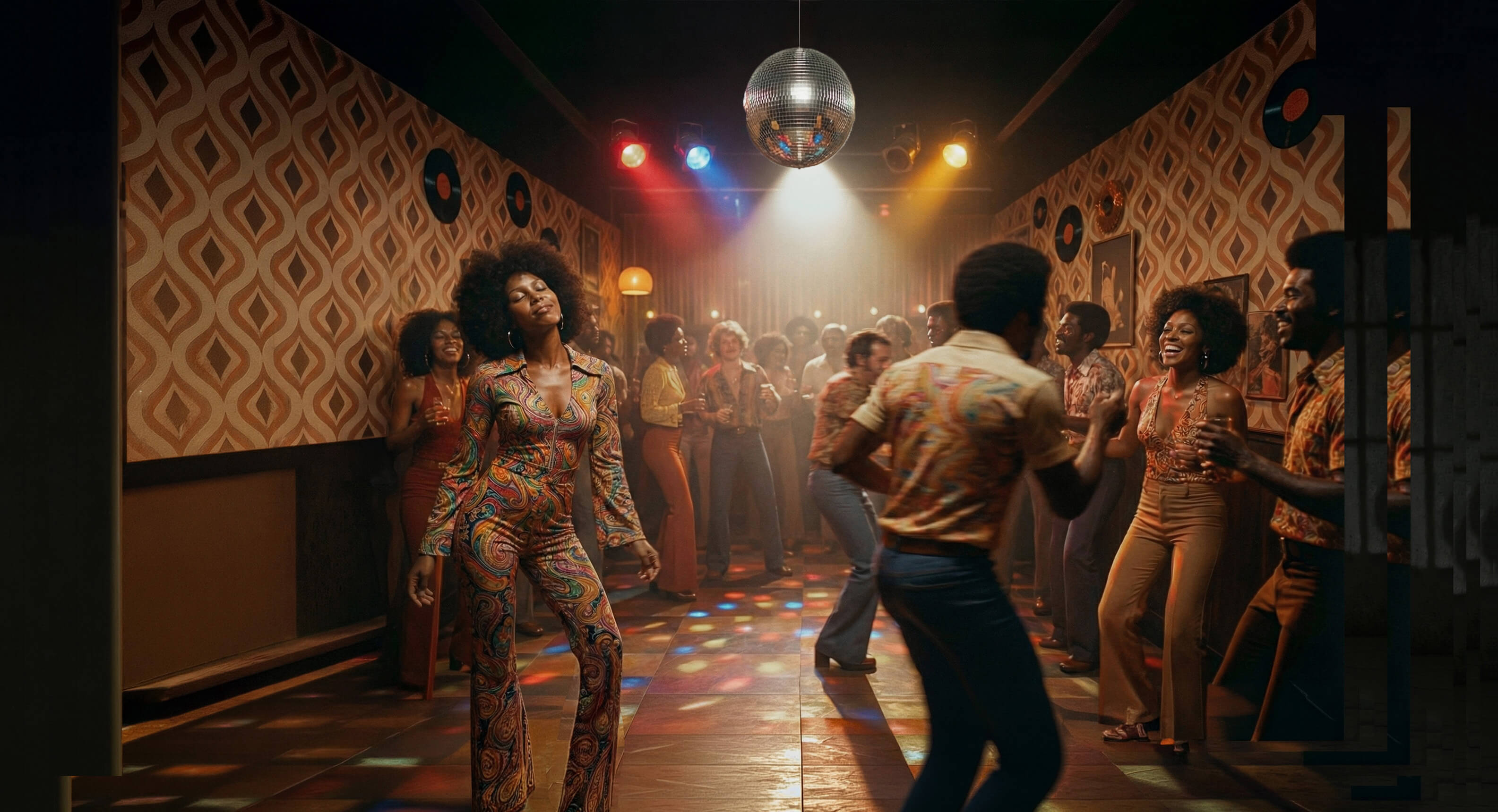 Keysha Love dancing in a retro 1970s-style room with a disco ball and vibrant crowd, embodying cultural legacy and Harlem energy.