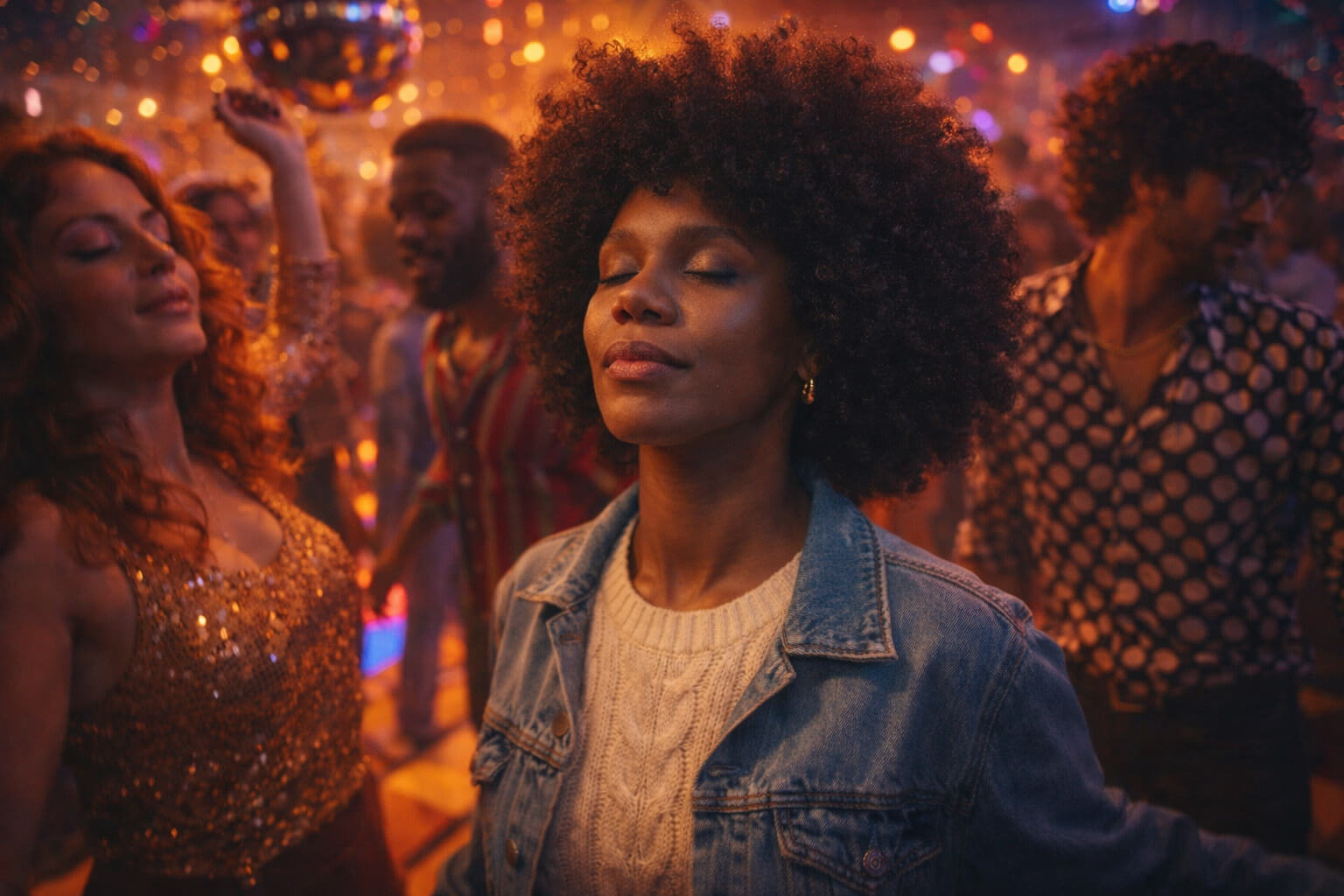 Keysha Love feeling the music with eyes closed at a warm-lit, vibrant party, representing an intimate modern soul aesthetic.