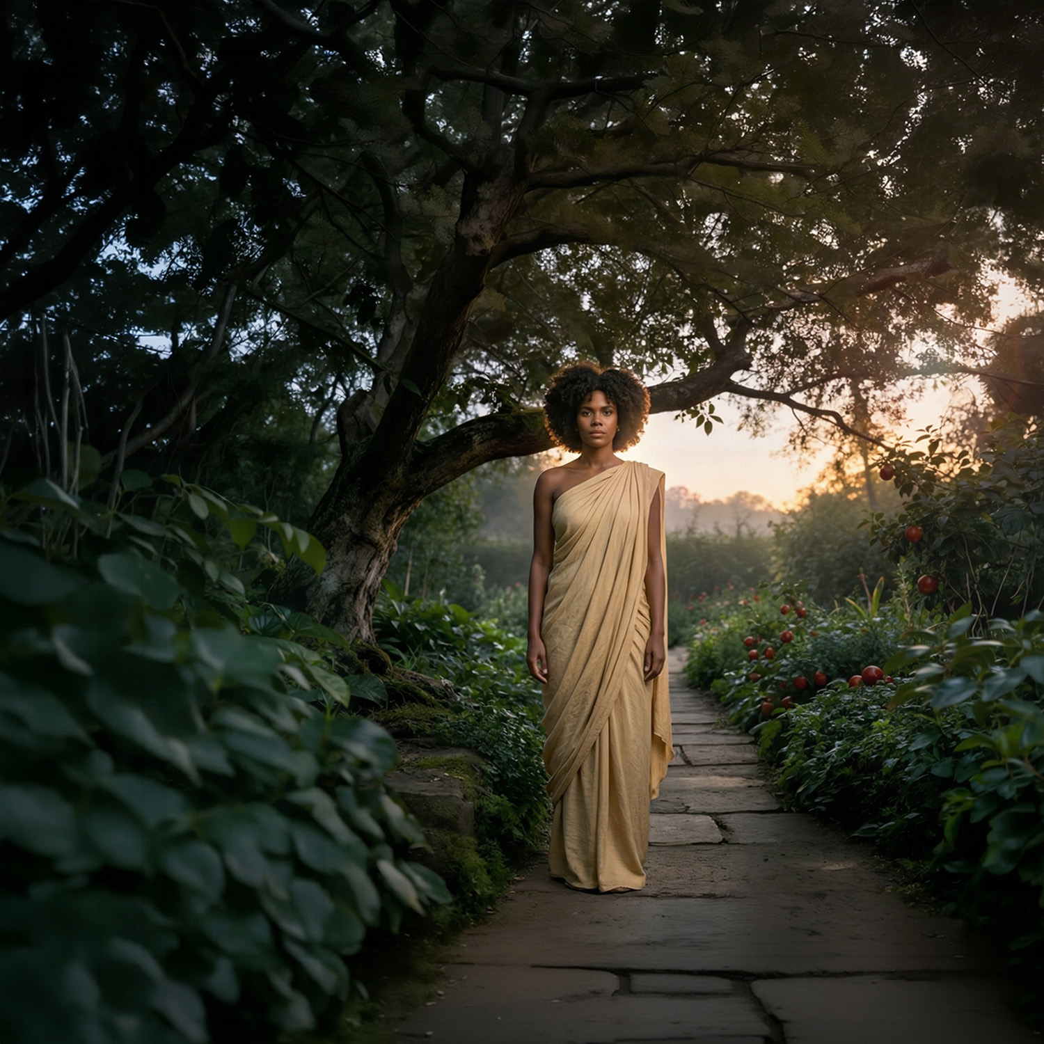 Keysha Love standing peacefully on a lush garden path at sunset in an elegant draped dress, exuding a warm soul presence.