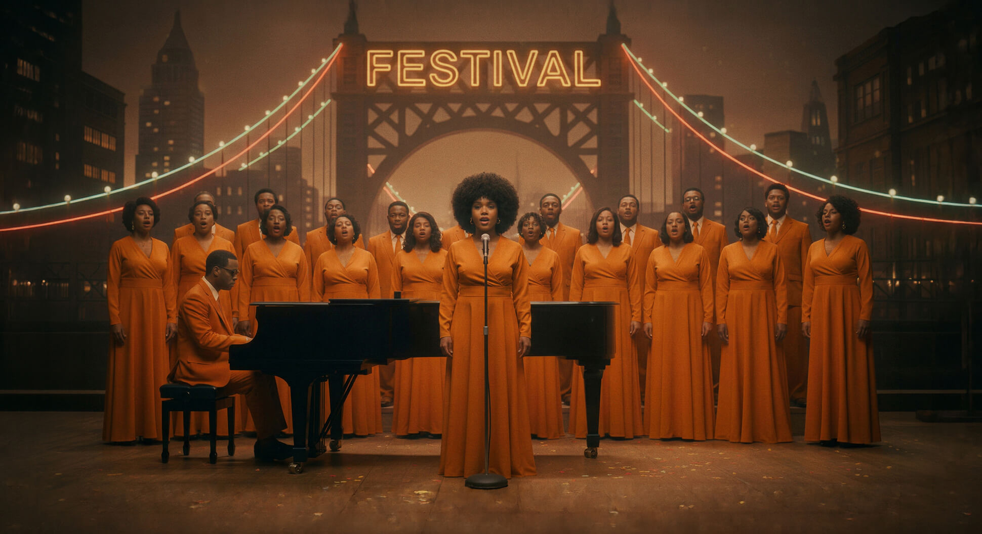 Keysha Love leading a gospel choir on a festival stage in matching orange robes, honoring her musical roots.