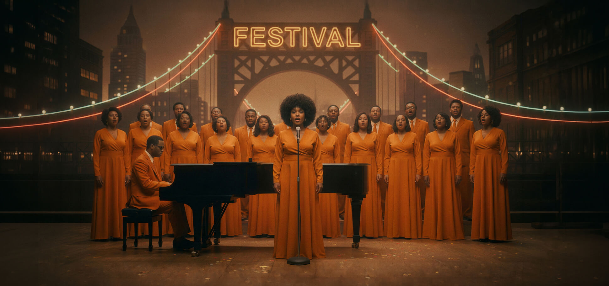 Wide cinematic view of Keysha Love and a gospel choir performing on a festival stage with a glowing bridge backdrop.