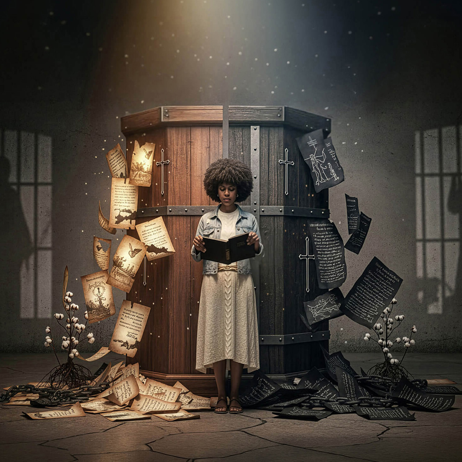 Conceptual image of Keysha Love bridging gospel legacy and self-authorship, reading a book surrounded by floating archival pages.