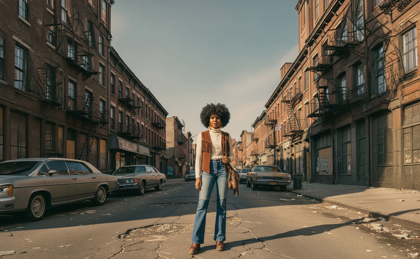 Keysha Love standing confidently on a vintage street in a suede vest and jeans, embodying her cultural roots and modern soul identity.