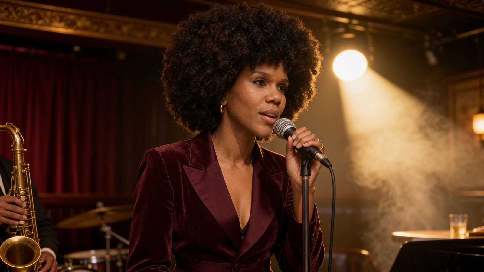 Close-up portrait of Keysha Love singing into a microphone in a burgundy velvet blazer, lit by a spotlight with a saxophonist in the background.