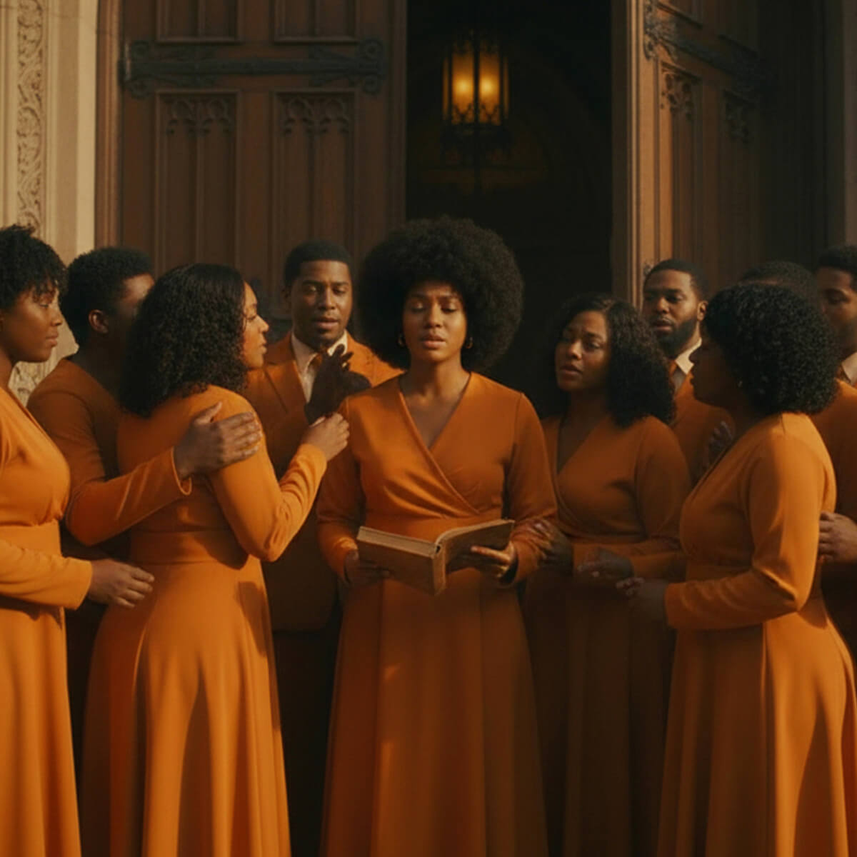 Keysha Love leading the Legacy Choir outside a historic church, embracing her gospel roots and community.
