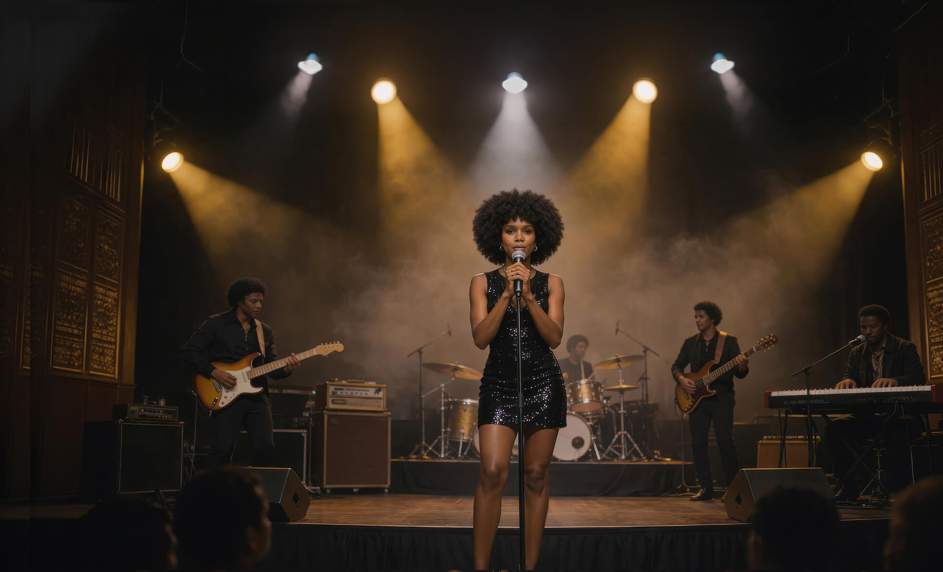 Keysha Love performing live in a black sequin dress on a dimly lit stage with her band, delivering an emotional modern soul experience.