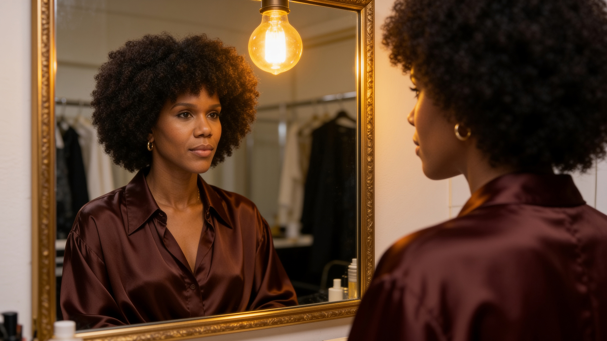 Keysha Love looking into a gilded mirror in a dressing room, lit by a warm hanging bulb.