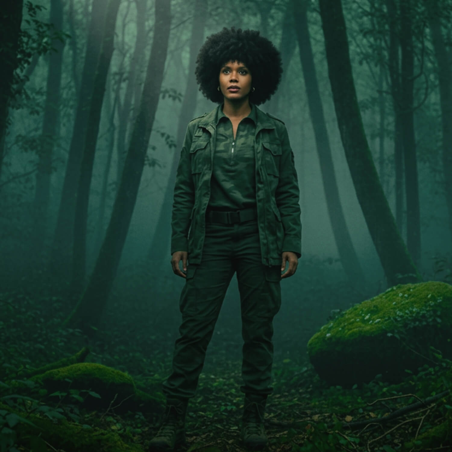 Surreal portrait of Keysha Love standing in a misty, atmospheric green forest, showcasing deep emotional worldbuilding.