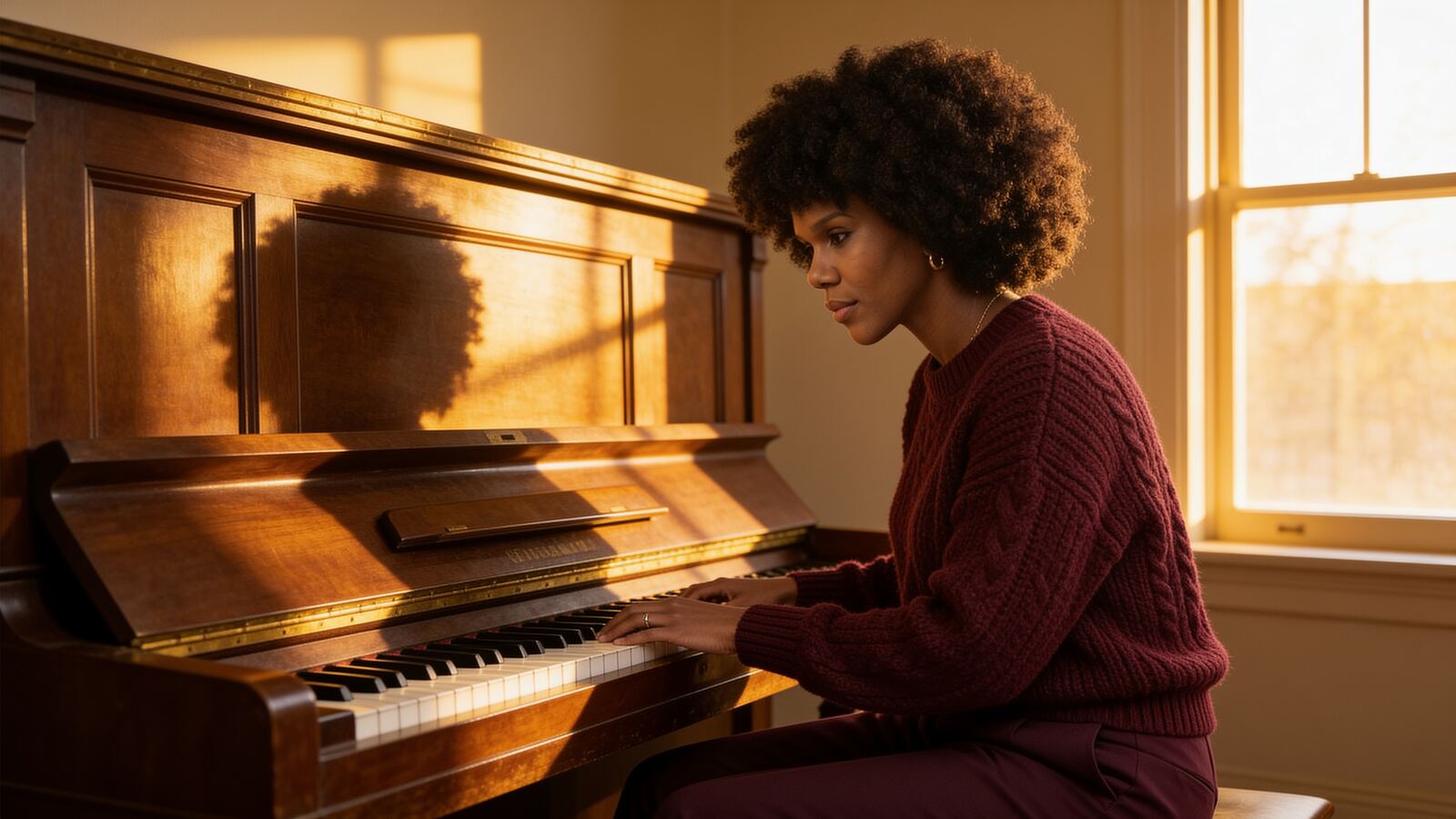 Keysha Love playing an upright piano in profile, lit by warm window light.
