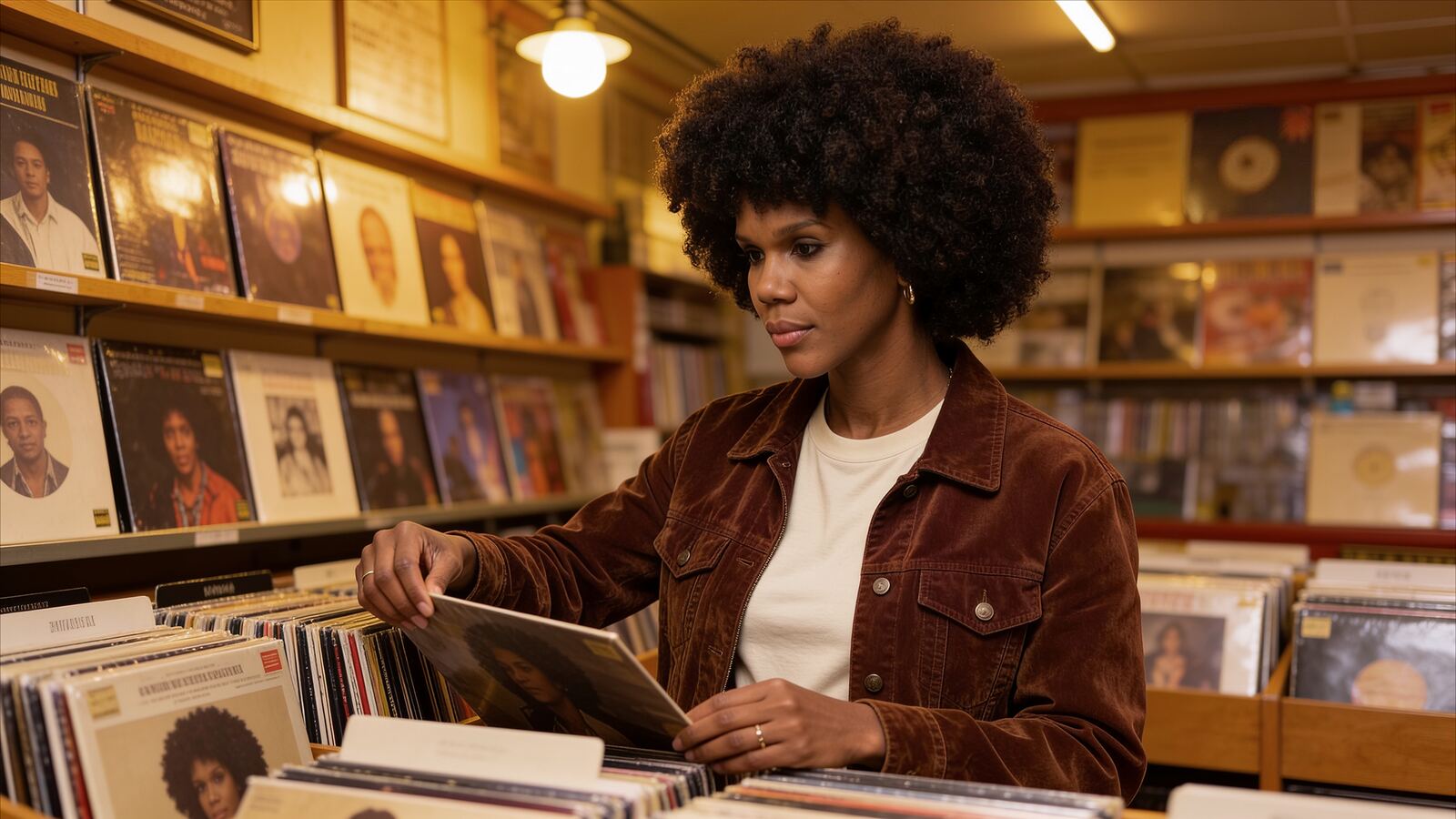 Keysha Love browsing vinyl records in a record shop, holding an album cover.