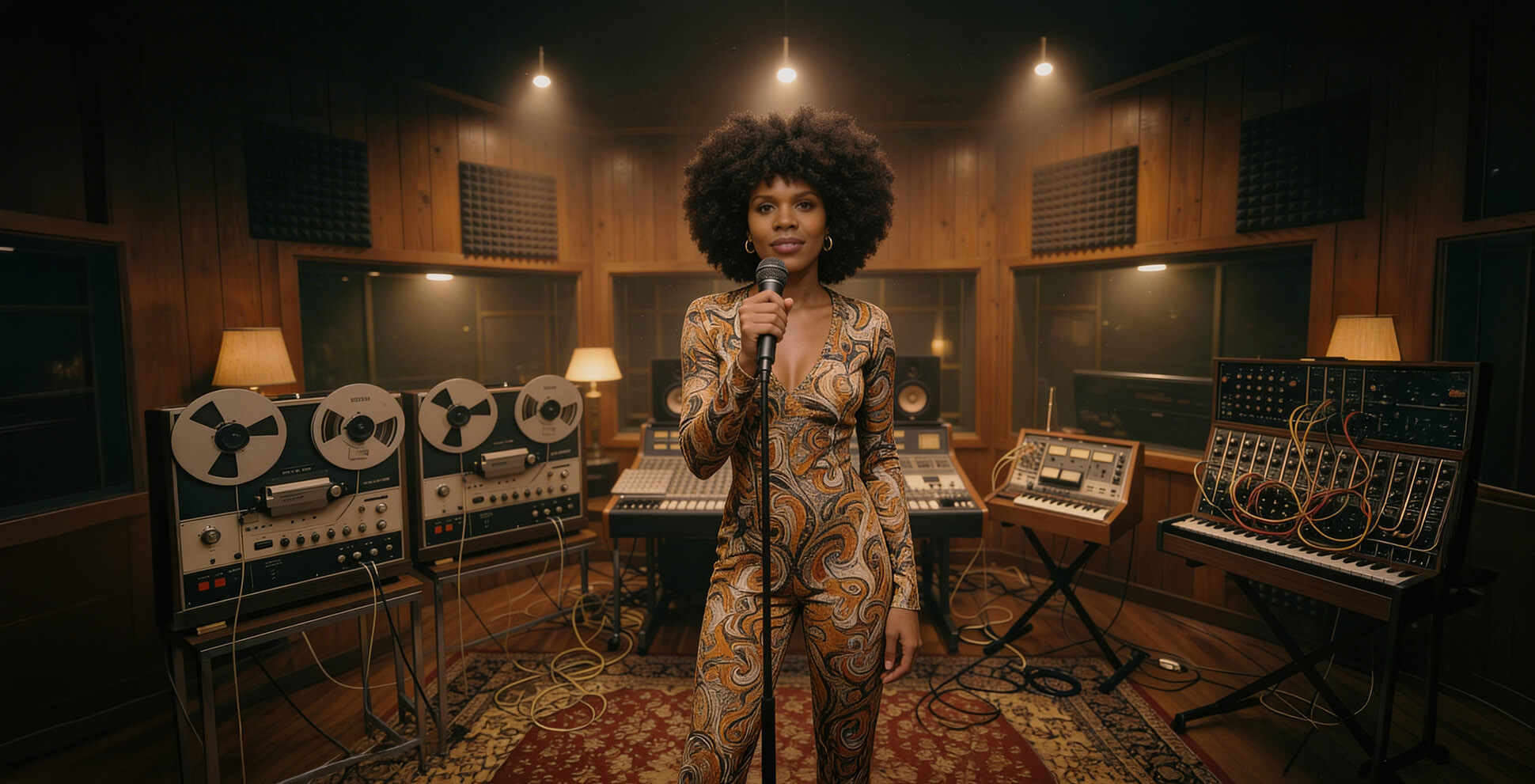 Keysha Love standing at a microphone in a vintage recording studio wearing a retro patterned jumpsuit, archival soul aesthetic.
