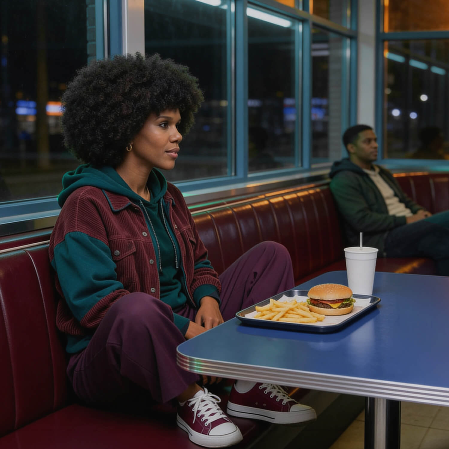 Intimate cinematic shot of Keysha Love sitting in a retro diner at night, reflecting modern cinematic storytelling.