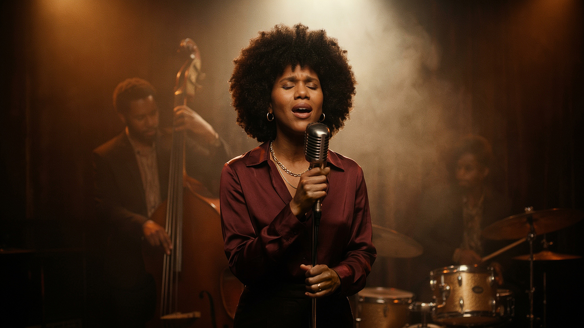 Keysha Love performing on a smoky stage in a burgundy satin blouse, with a bassist and drummer behind her.