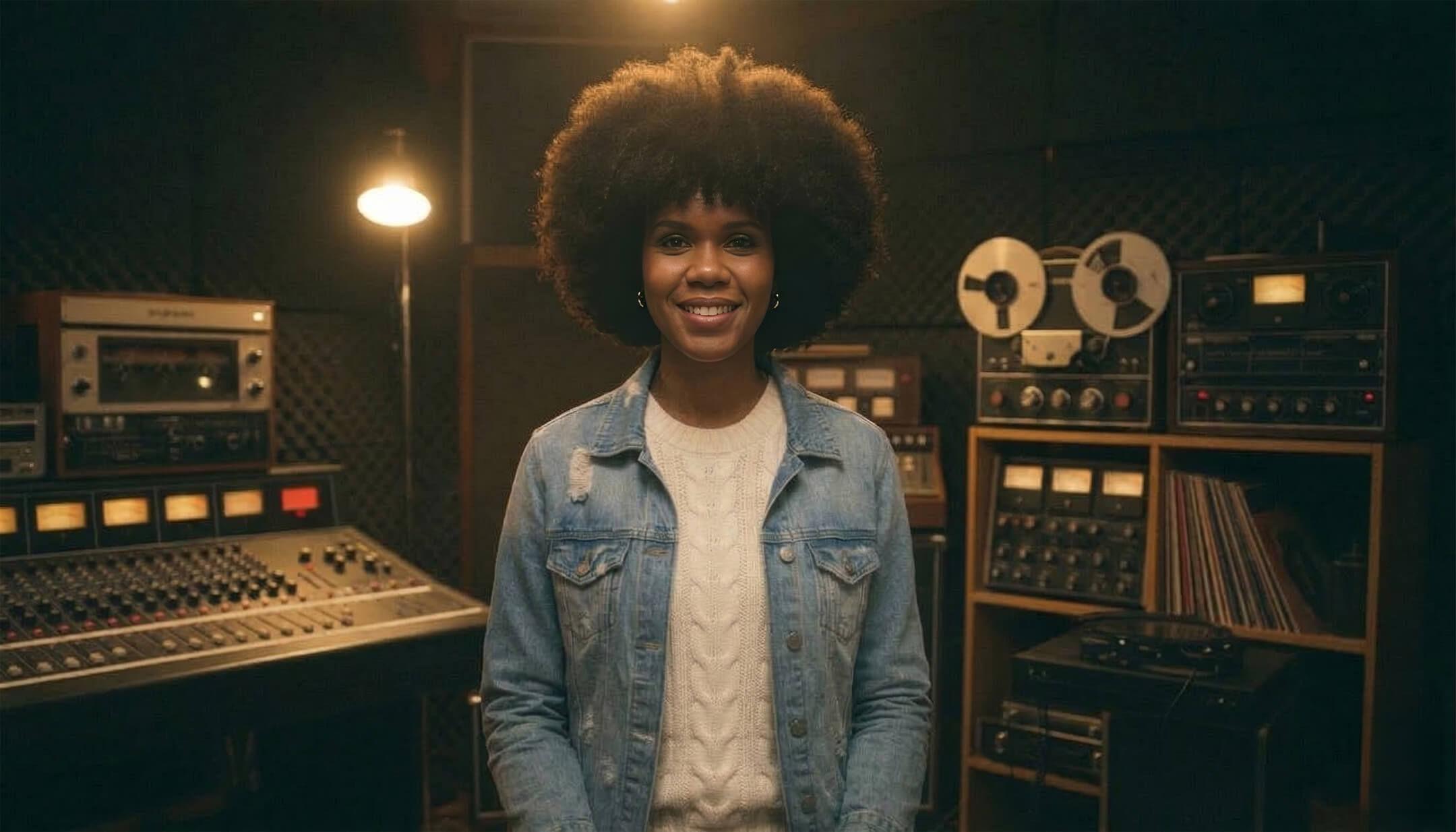 Keysha Love smiling in a vintage recording studio surrounded by analog equipment, authentic modern soul artist.