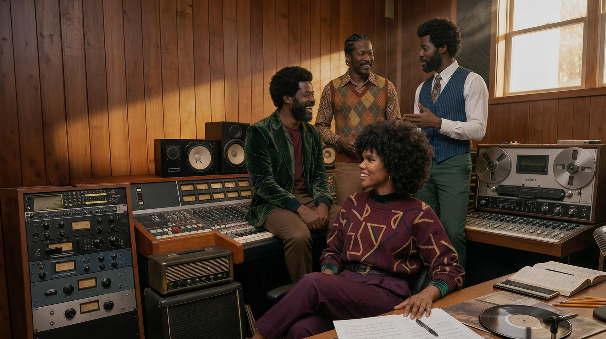 Keysha Love standing at a microphone in a vintage recording studio wearing a retro patterned jumpsuit, archival soul aesthetic.