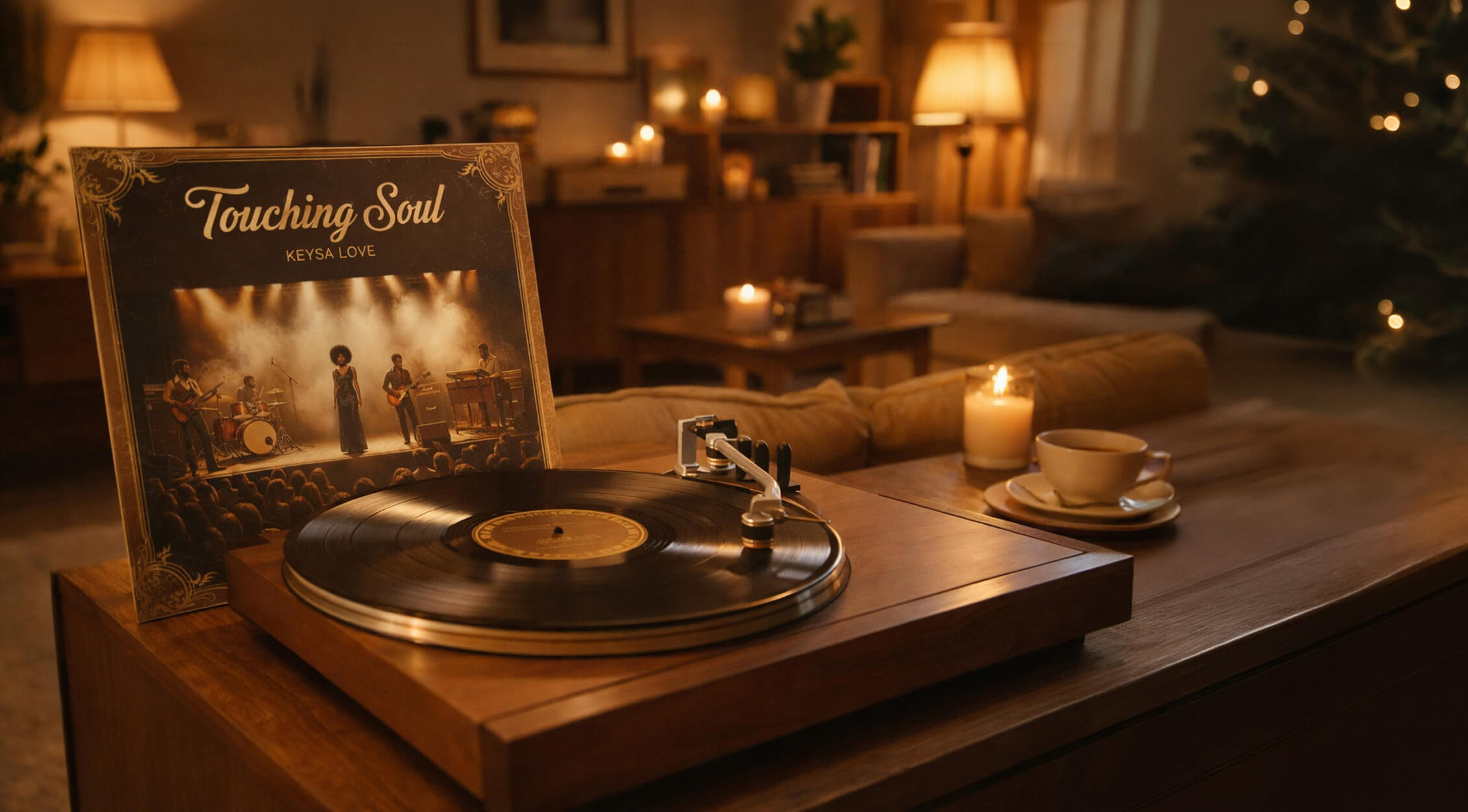 Vinyl record of Keysha Love's debut album Touching Soul playing in a warm, candlelit room, representing an intimate archival aesthetic.
