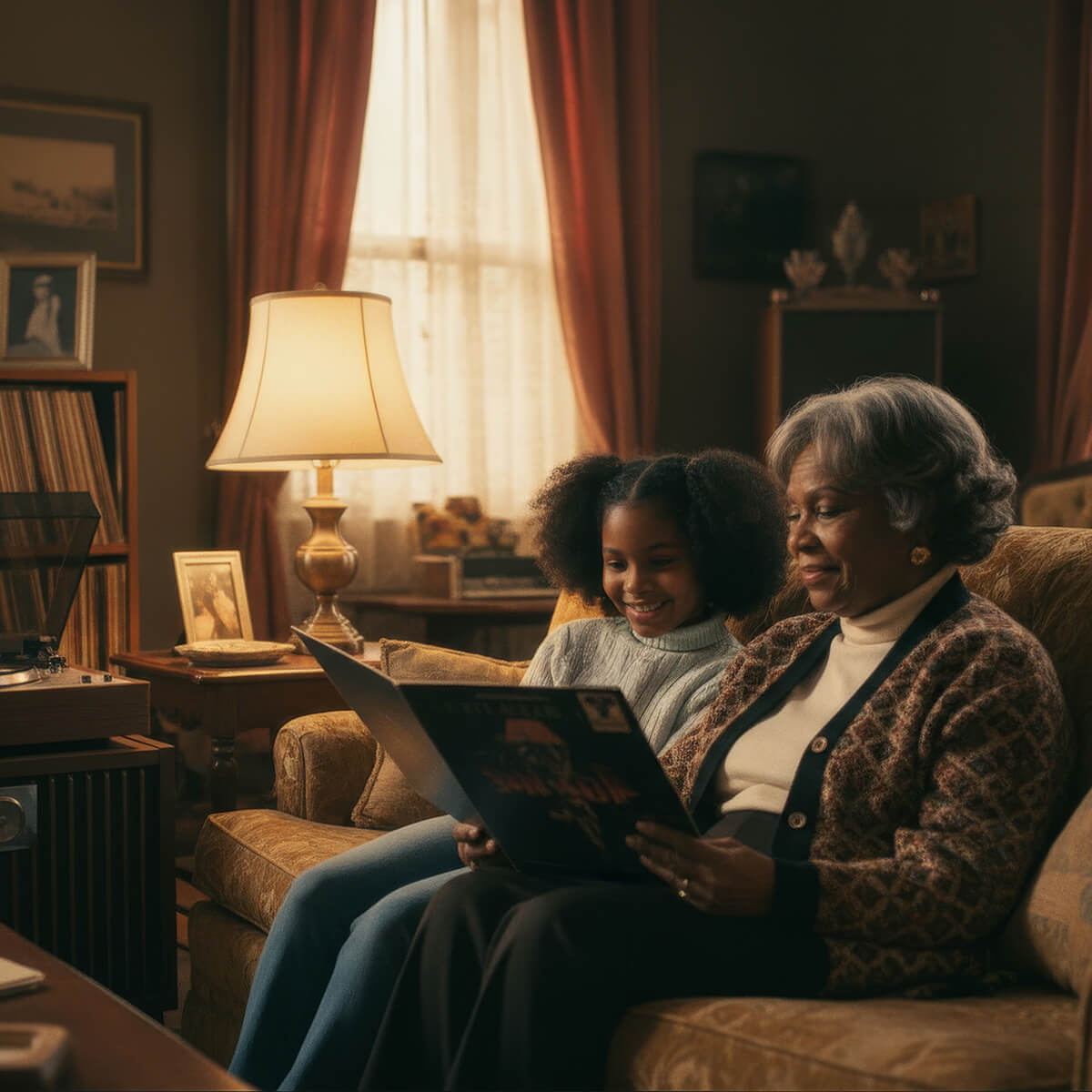 A young girl and an older woman enjoying Keysha Love's Touching Soul vinyl together in a warm, nostalgic living room.