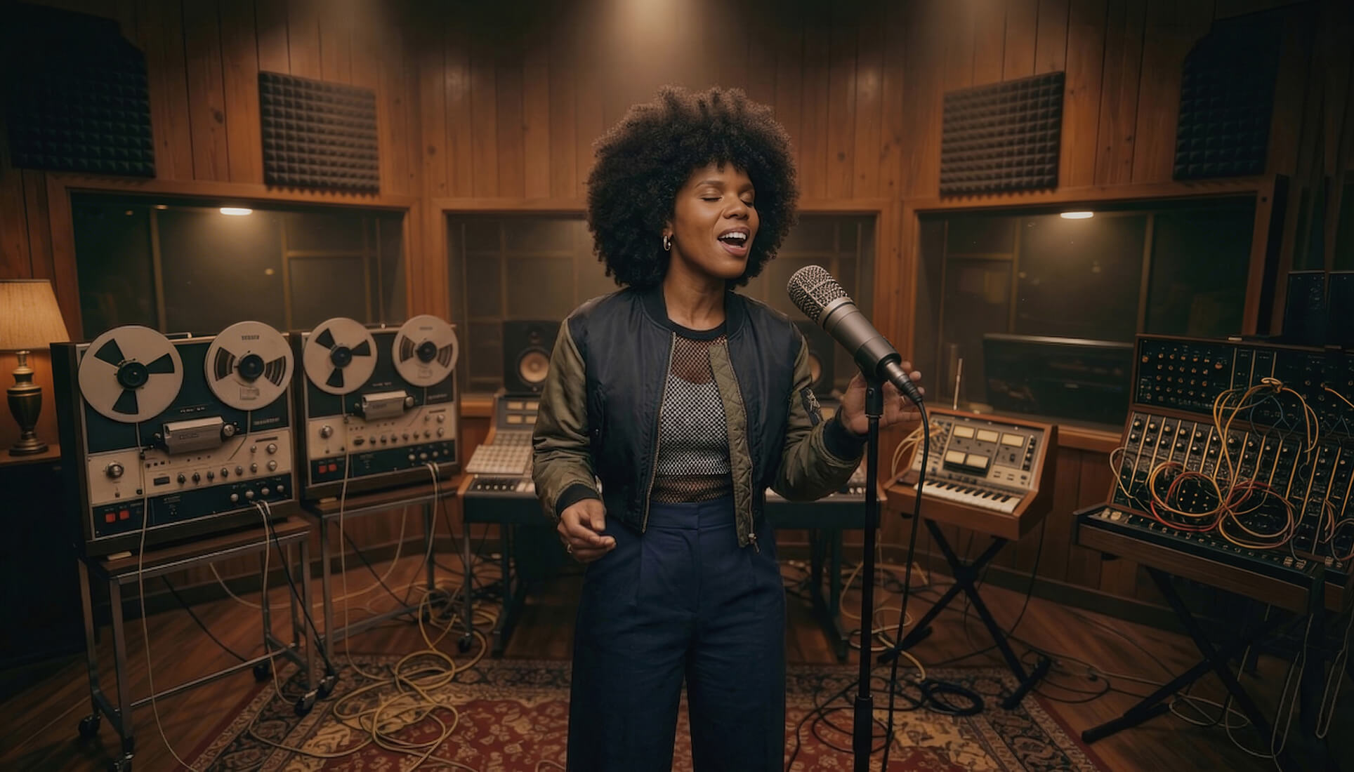 Keysha Love singing passionately into a vintage microphone in a warm recording studio, delivering a raw emotional soul performance.