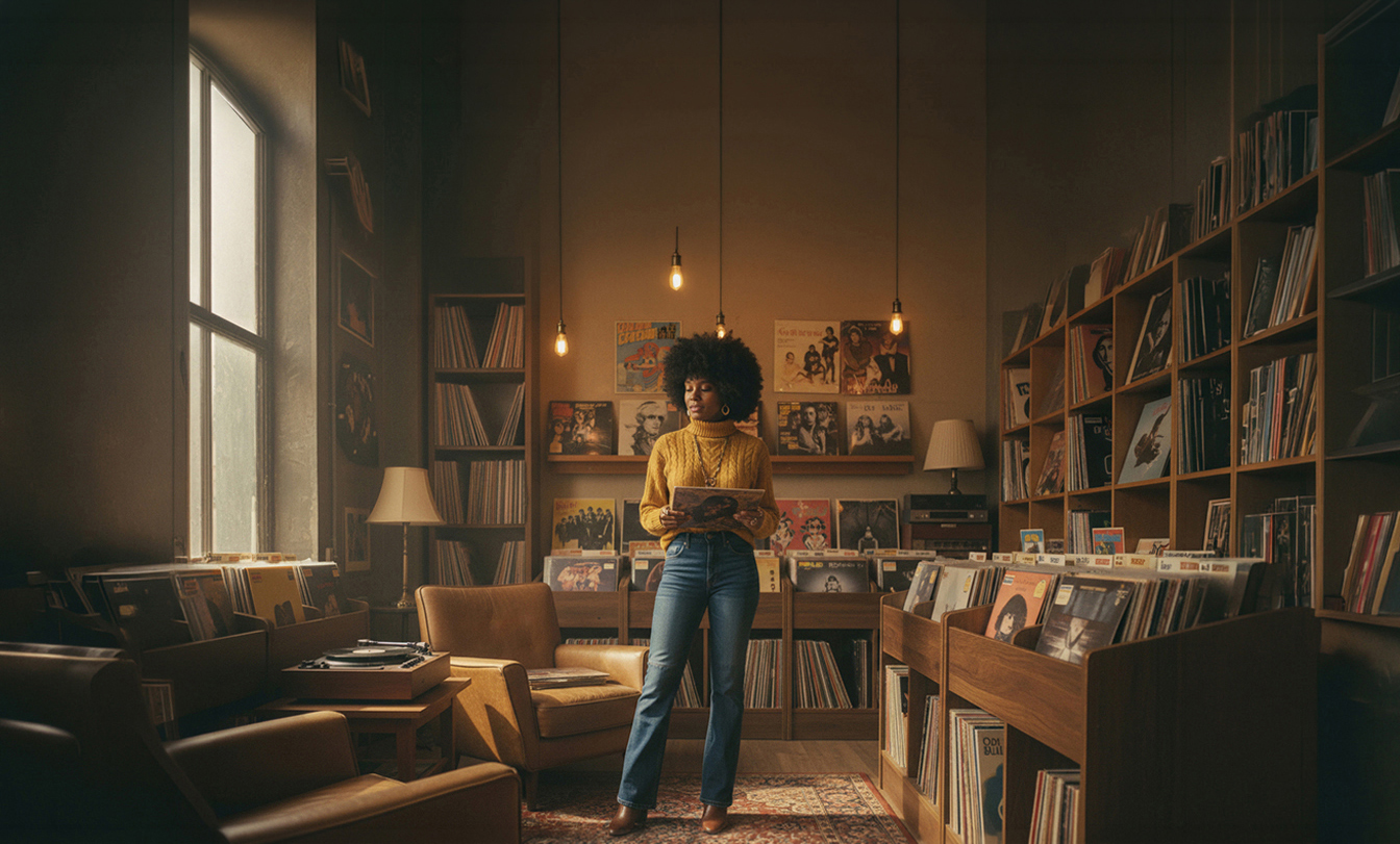 Keysha Love browsing vinyls in a warm, vintage record store, deeply connected to her soul and gospel music history.