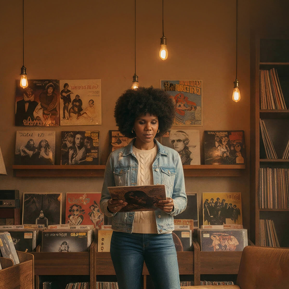 Keysha Love browsing classic vinyl records in a warm, archival record store, searching for inspiration.